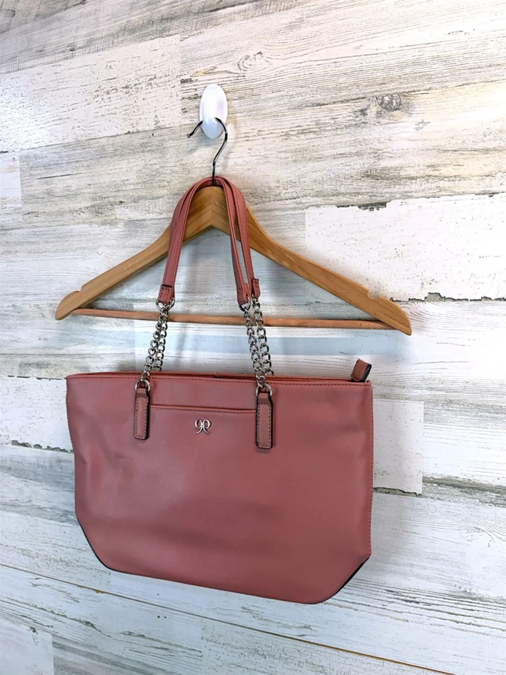 Nine West Dusty Rose Tote Bag Vegan Leather Chain Strap Minimal Chic